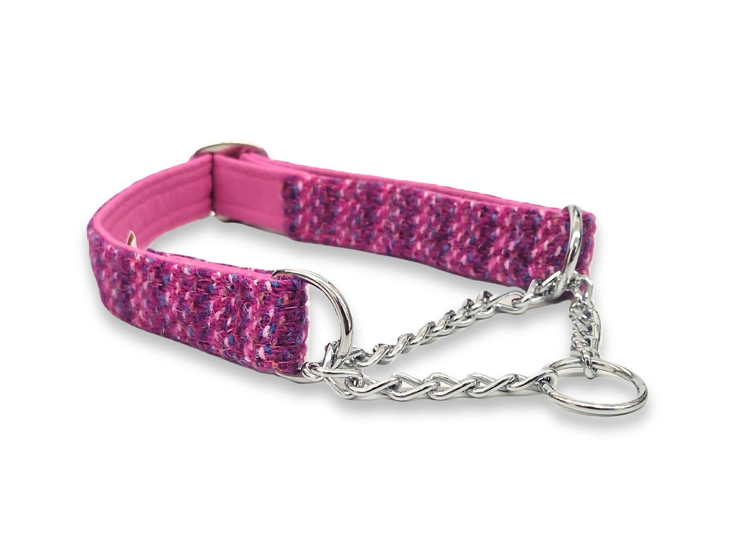 Pink Koana tweed martingale dog collar for gentle walking control, handmade in the UK