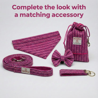Pink pet accessory set including a leash, bow tie, and pouch on a light gray background.