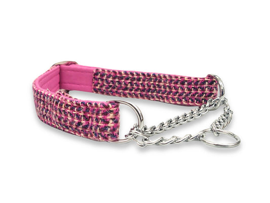 Pink Paradise tweed half choke dog collar with gentle control, handmade in the UK
