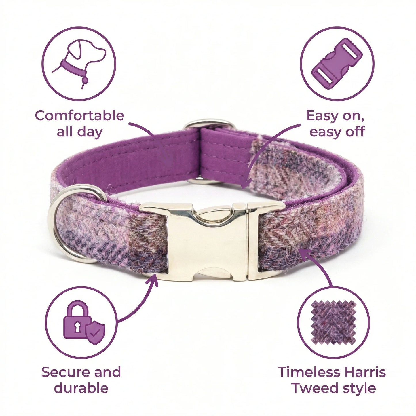 Pretty Pink Block Herringbone Check Harris Tweed Dog Collar