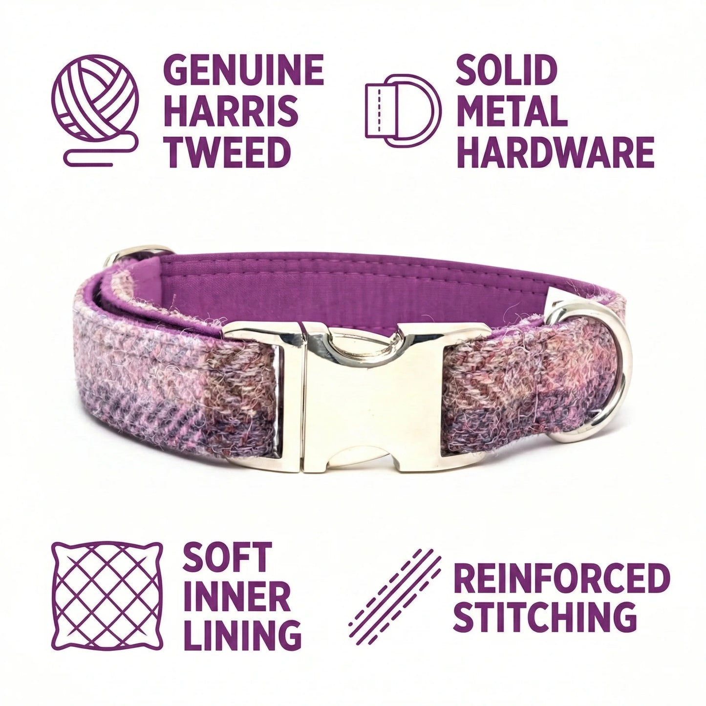 Pretty Pink Block Herringbone Check Harris Tweed Dog Collar