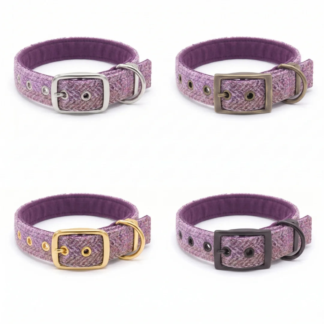 Pretty Pink Block Herringbone Check - Buckle Fastening Luxury Harris Tweed Dog Collar