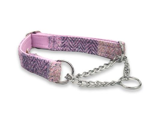 Pretty pink herringbone martingale collar with gentle half choke control, handmade in the UK