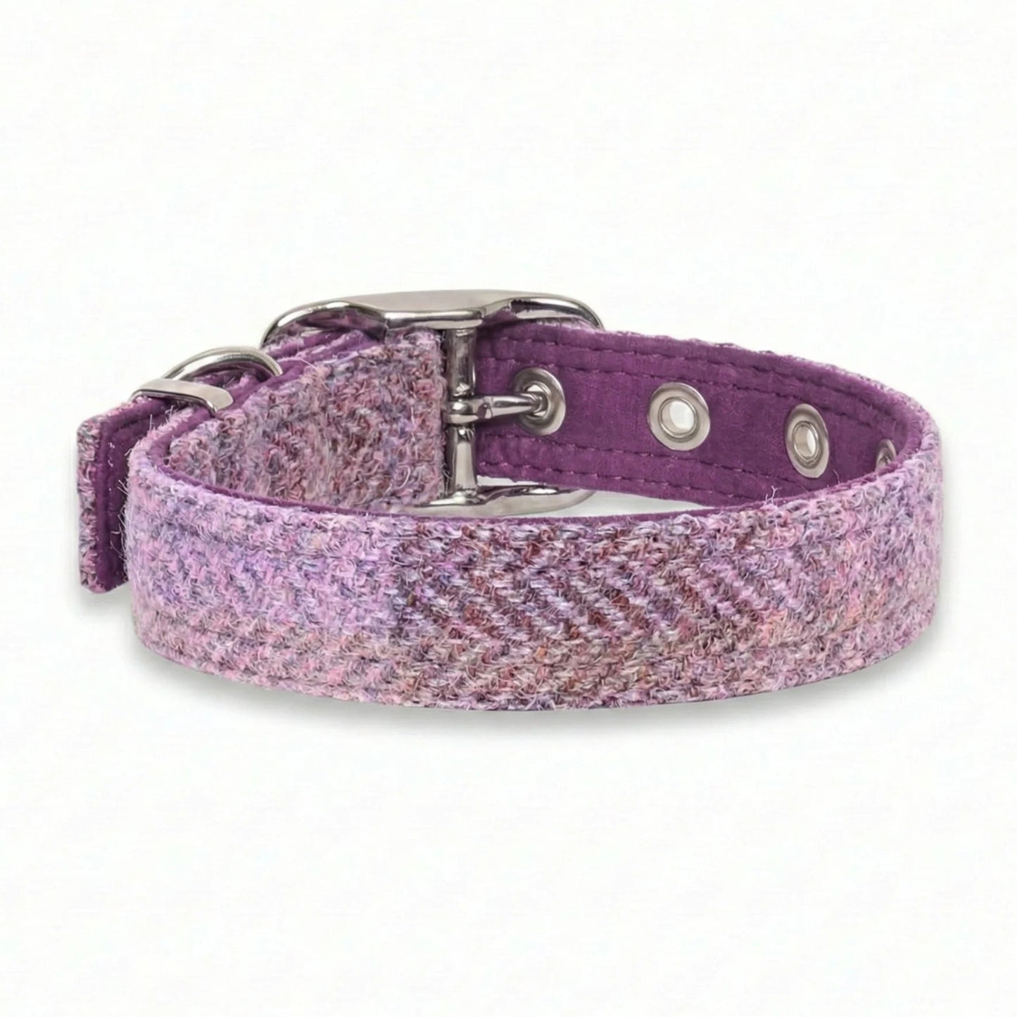 rear view of purple and pink block harris tweed dog collar on white background