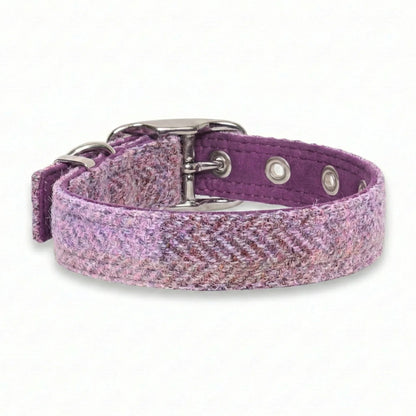 rear view of purple and pink block harris tweed dog collar on white background