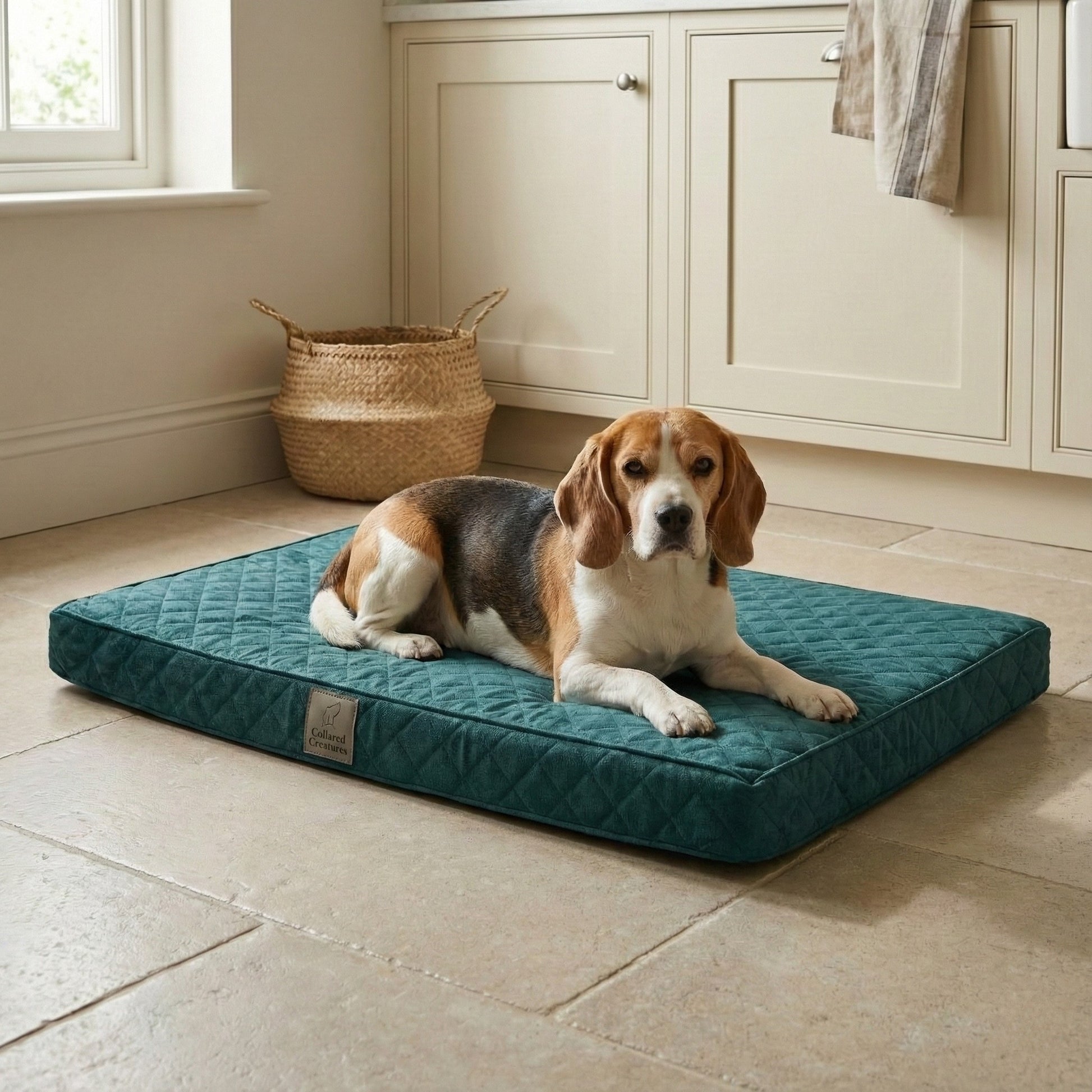 beagle lying on orthopaedic teal mattress bed in kitchen