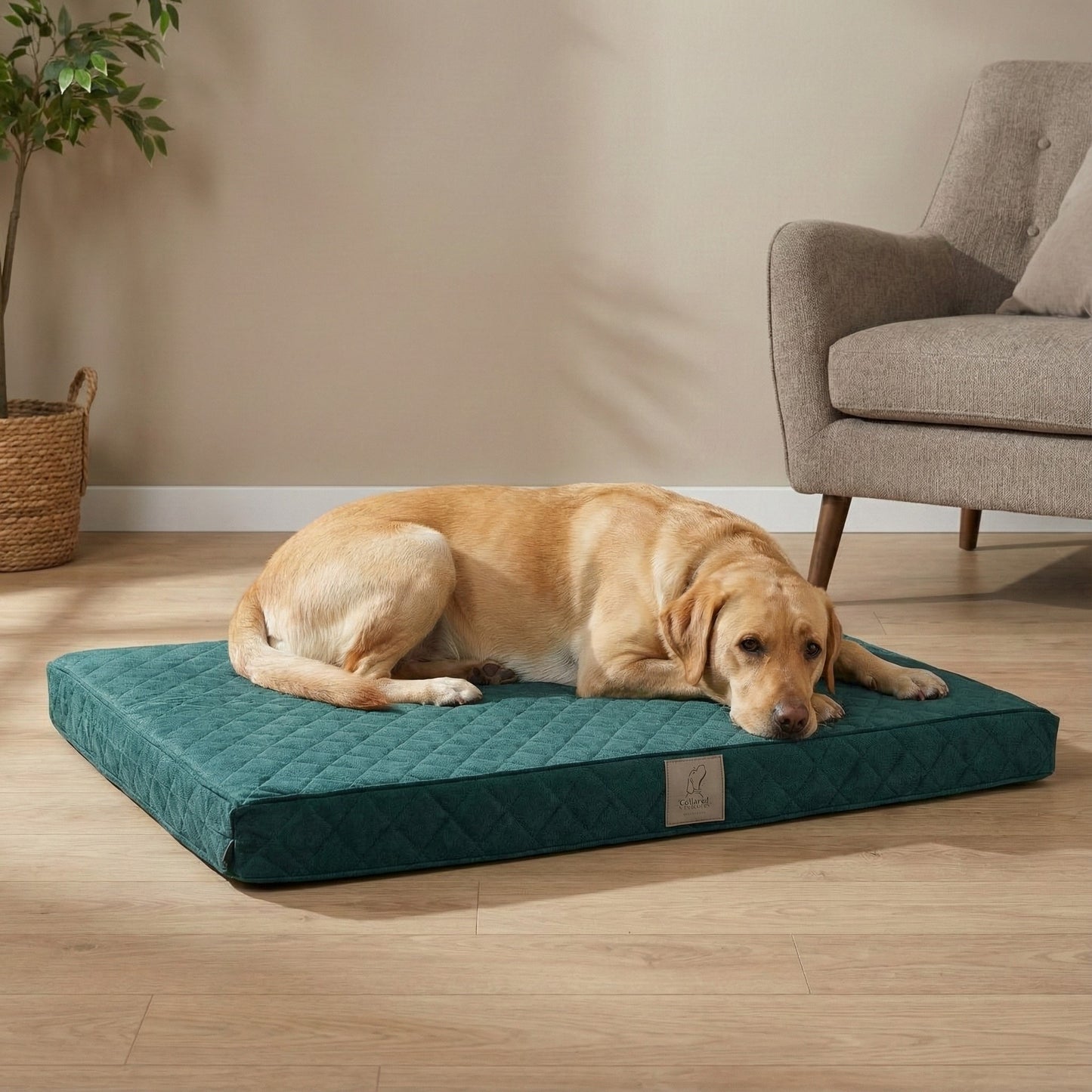 golden retriever sleeping on orthopaedic dog mattress bed with foam cushion in living room setting