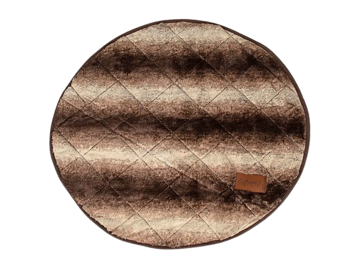 Quilted round dog bed blanket in brown faux fur with Collared Creatures label