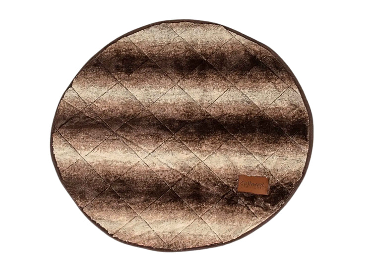 Quilted round dog bed blanket in brown faux fur with Collared Creatures label
