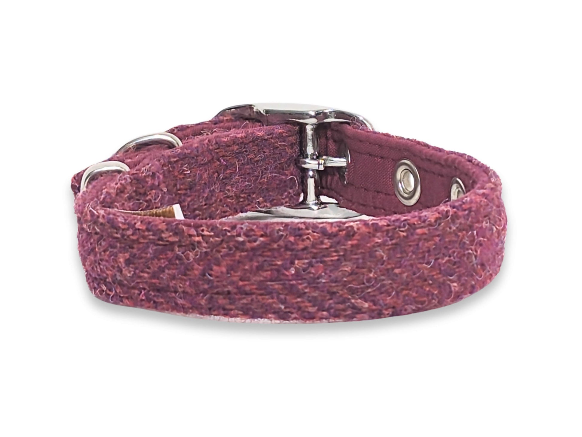 raspberry and coral harris tweed dog collar back view