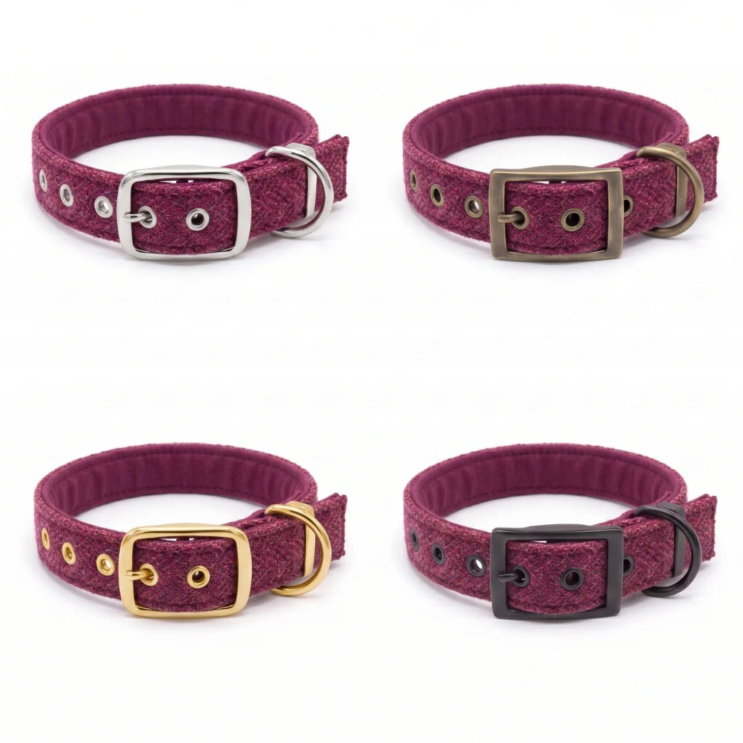 Four dog collars in a deep magenta-purple textured fabric, arranged in a 2x2 grid on a white background. Each collar features a different metal buckle and D-ring combination: silver, antique bronze, gold, and black.
