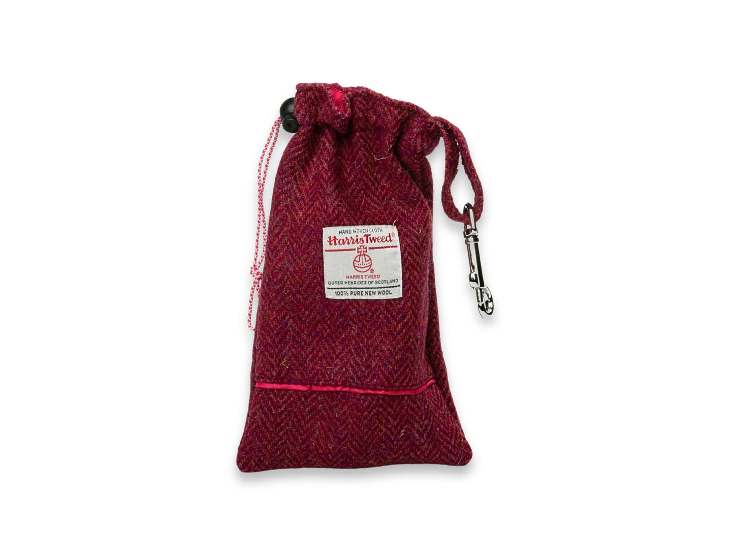 Raspberry and coral herringbone Harris Tweed dog treat bag with poop bag dispenser