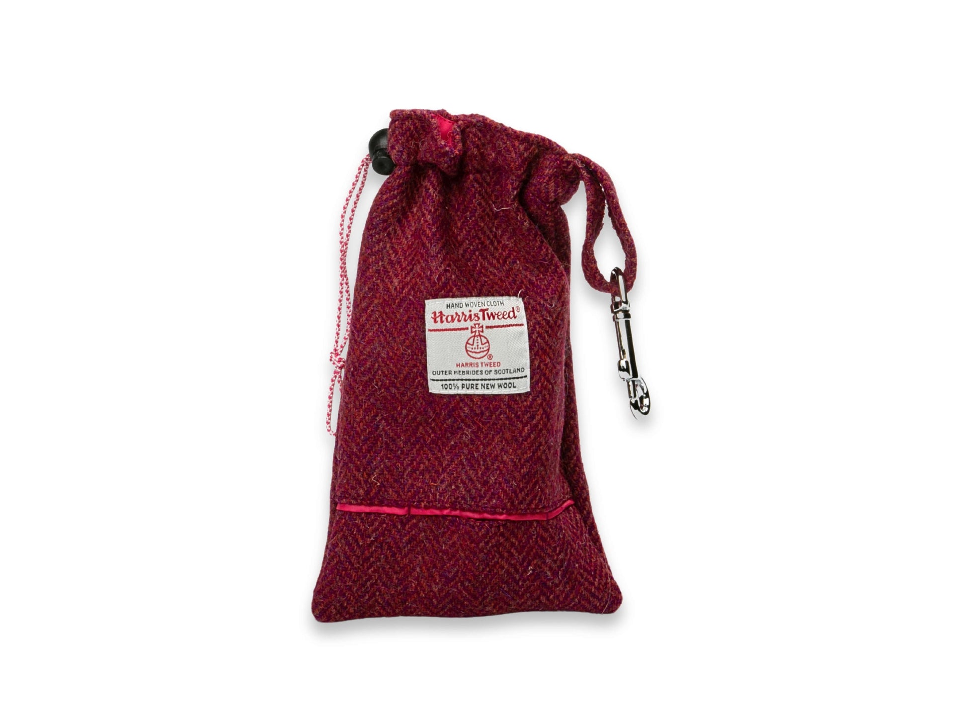 Raspberry and coral herringbone Harris Tweed dog treat bag with poop bag dispenser