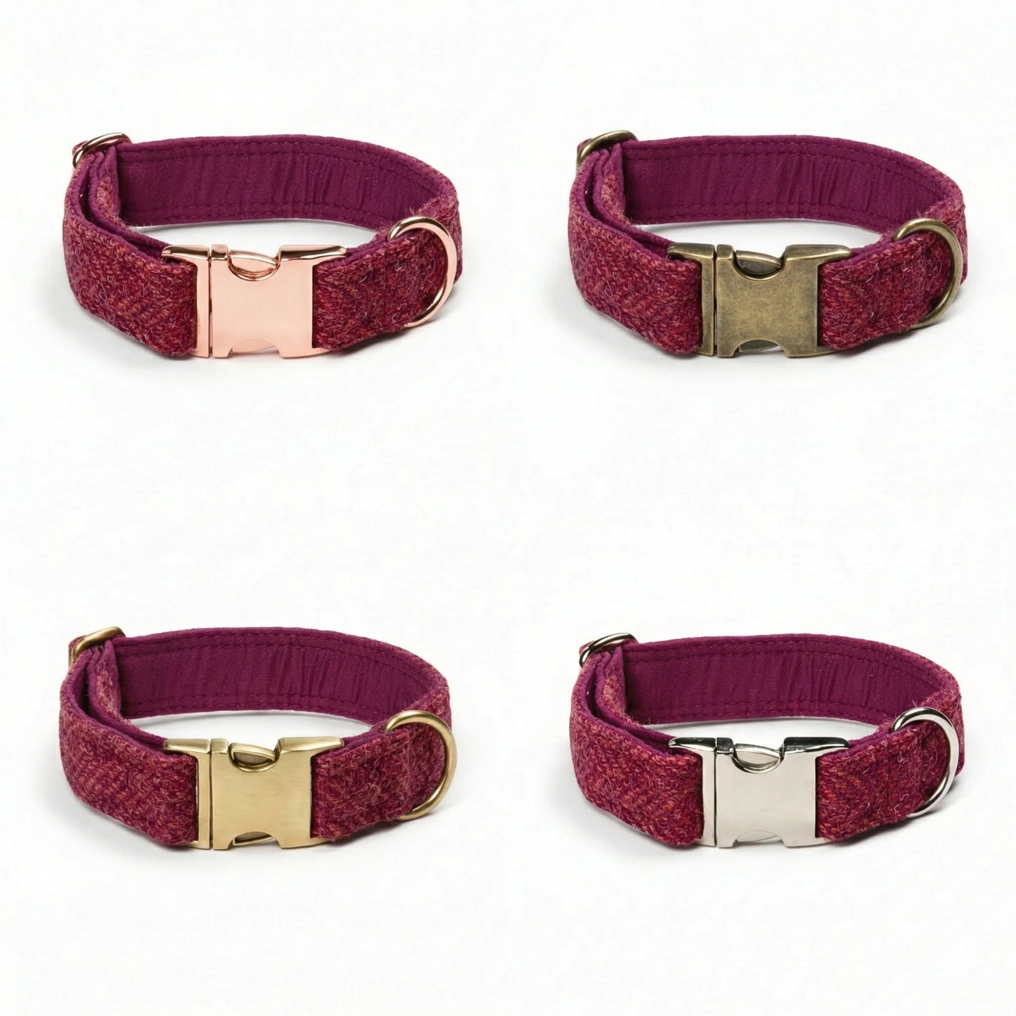 Four burgundy dog collars with gold and silver buckles on a white background