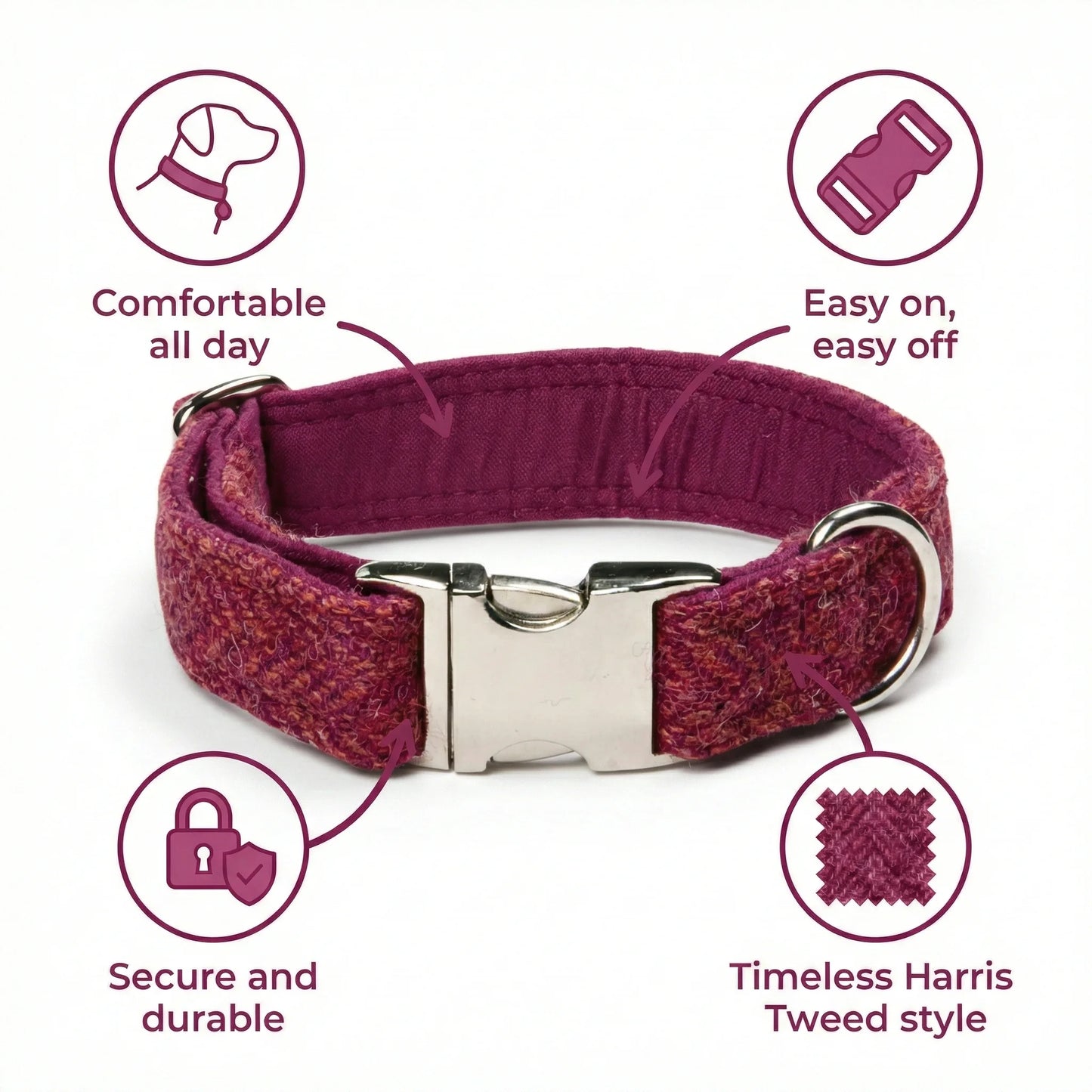 Raspberry & Coral Herringbone Harris Tweed Dog Collar - Collared Creatures LTD