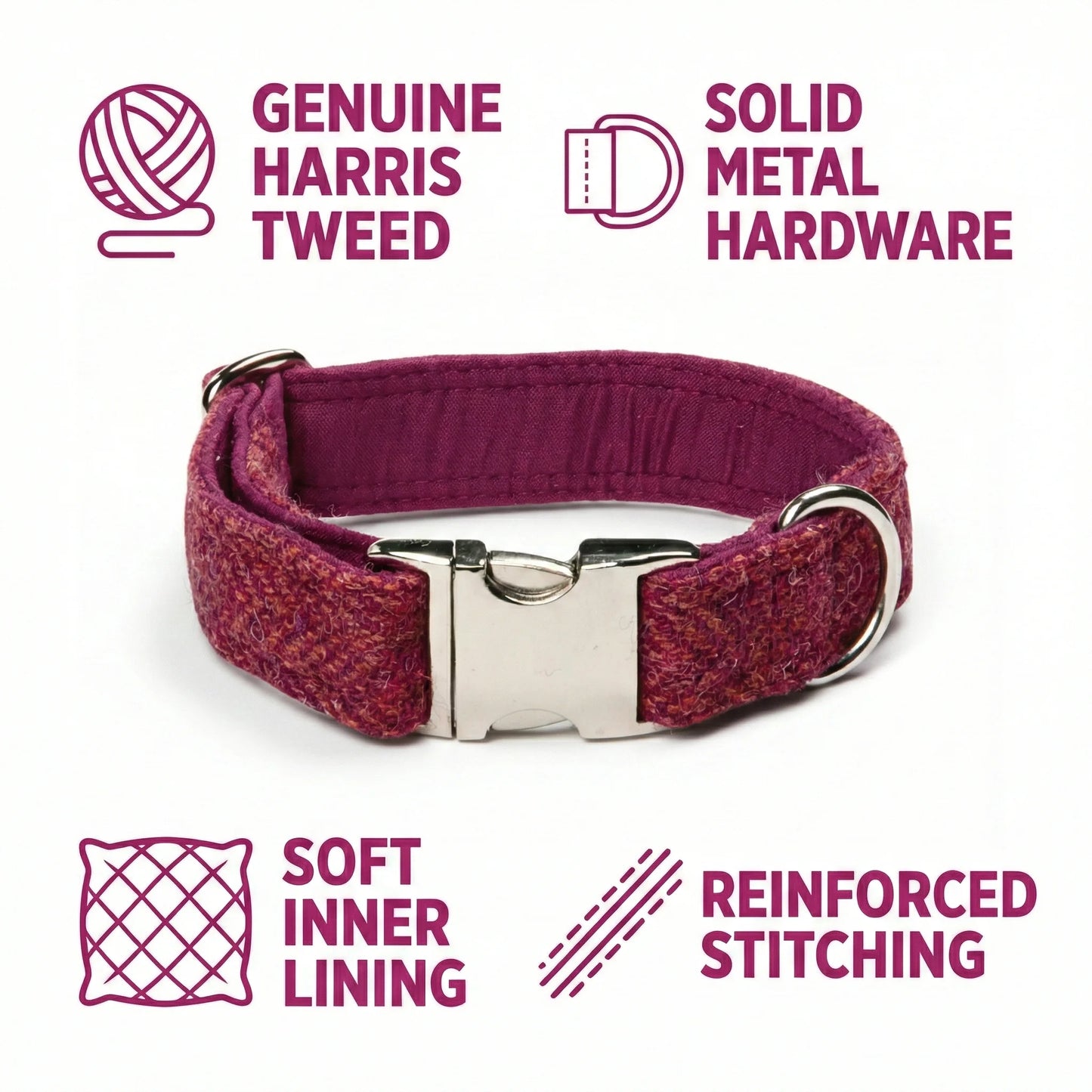Raspberry & Coral Herringbone Harris Tweed Dog Collar - Collared Creatures LTD