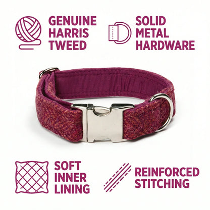 Raspberry & Coral Herringbone Harris Tweed Dog Collar - Collared Creatures LTD