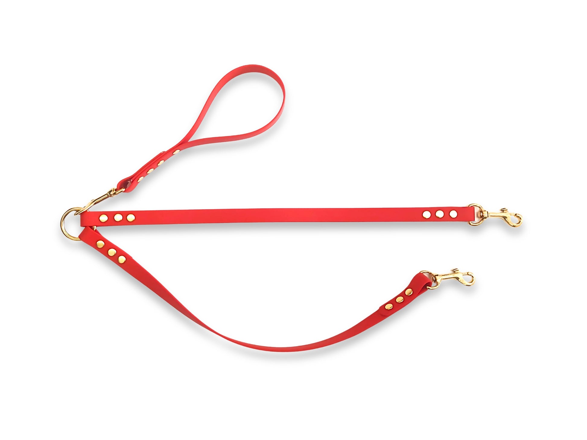 Red waterproof Biothane split lead for walking two dogs, handmade in Yorkshire