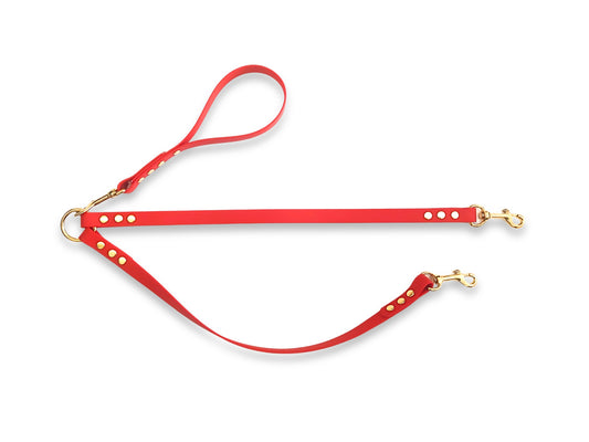 Red waterproof Biothane split lead for walking two dogs, handmade in Yorkshire