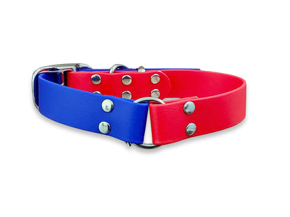 Adjustable Biothane buckle dog collar in Red & Electric Blue Multicolour – waterproof and easy to clean – by Collared Creatures