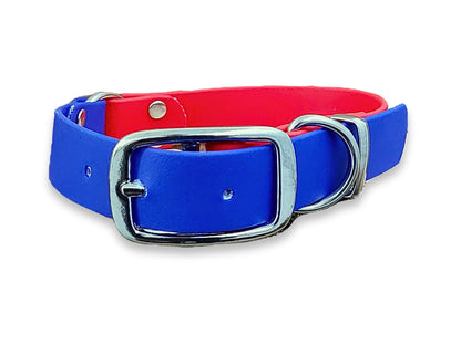 Adjustable Biothane dog collar in Red & Electric Blue Multicolour – waterproof and easy to clean – by Collared Creatures