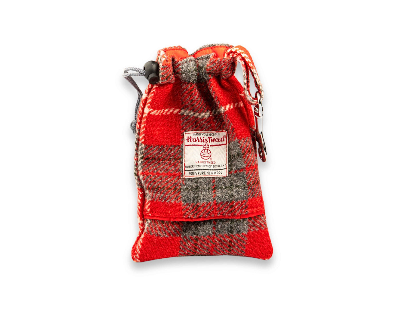 Red and grey check Harris Tweed dog treat bag with built-in poop bag holder