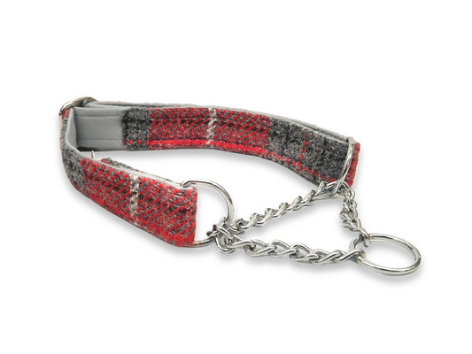 Red and grey tweed martingale half choke dog collar handmade in the UK with safe, gentle control for stylish daily walks
