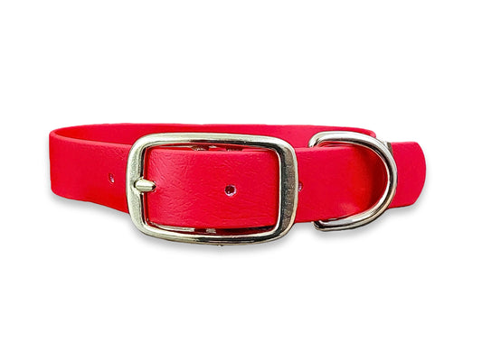 Waterproof and durable Red Biothane dog collar with sturdy buckle fastening – by Collared Creatures