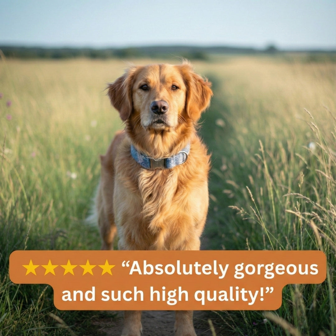 Dog standing in a grassy field wearing blue tweed collar with a five-star rating text overlay