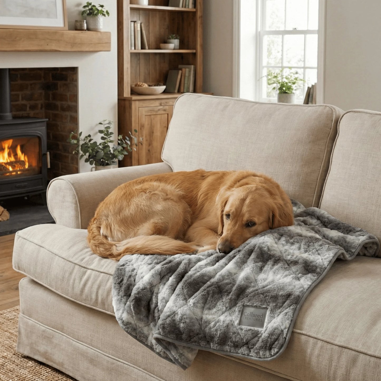 Dog lying on a beige sofa with a gray blanket in a cozy living room.