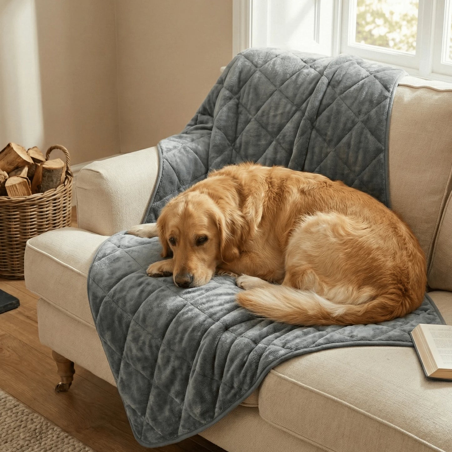 Dog lying on a gray quilted blanket on a beige couch in a cozy living room.