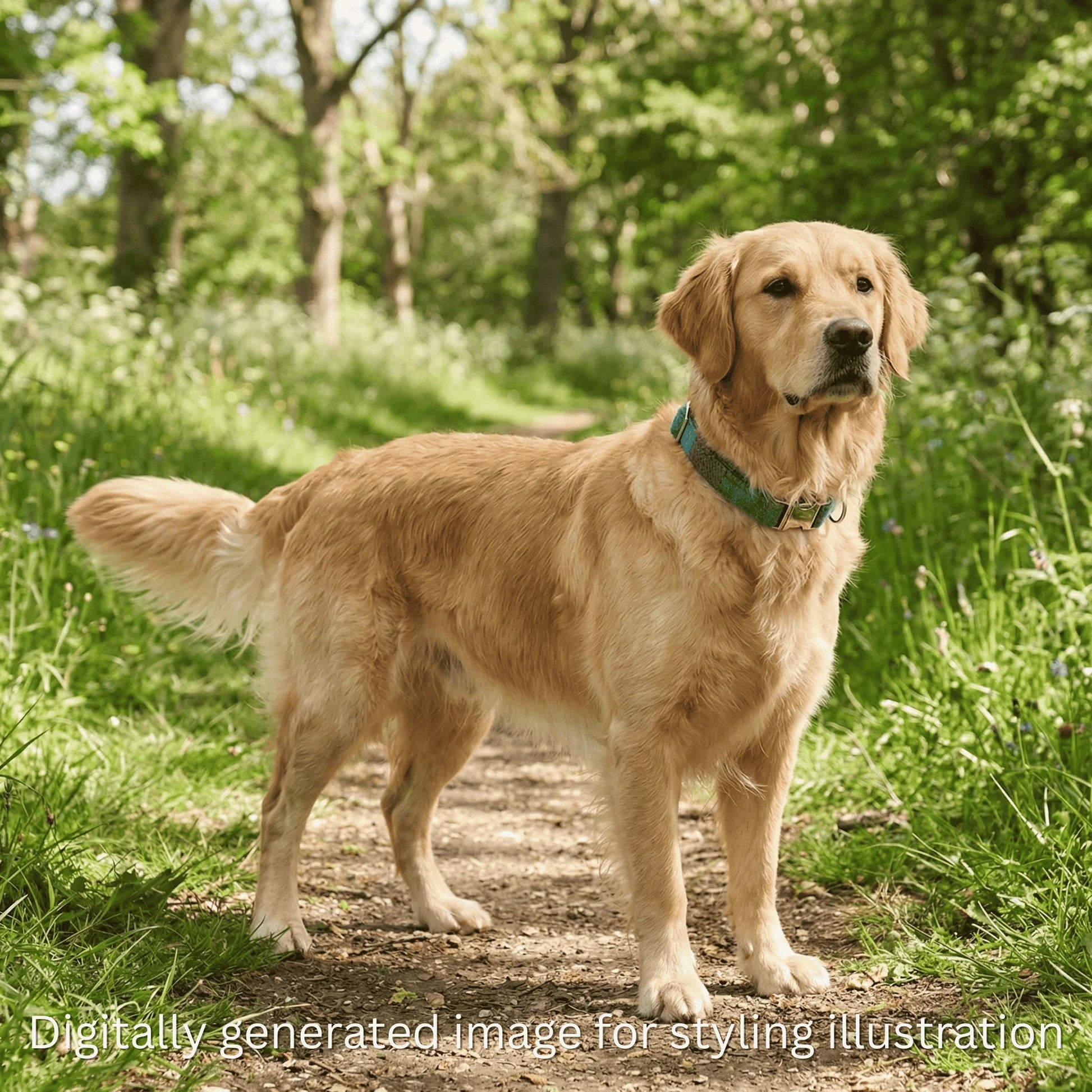 Golden retriever standing on a path in a forest with green grass and trees.