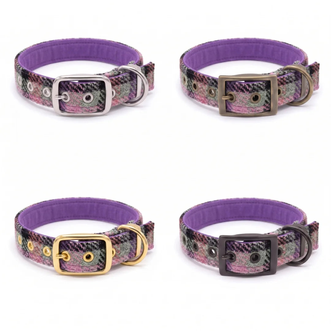 Rose & Amethyst Check - Buckle Fastening Luxury Harris Tweed Dog Collar