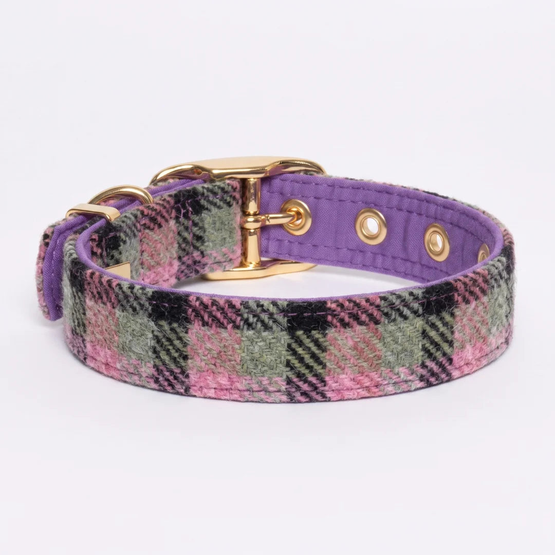Rose & Amethyst Check - Buckle Fastening Luxury Harris Tweed Dog Collar