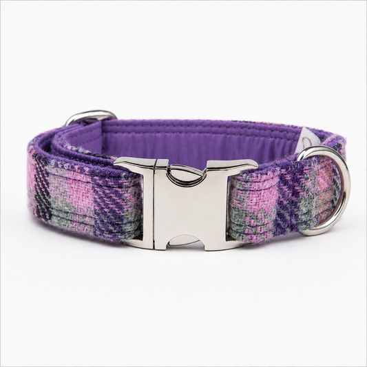 Rose & Amethyst Check Luxury Harris Tweed Dog Collar