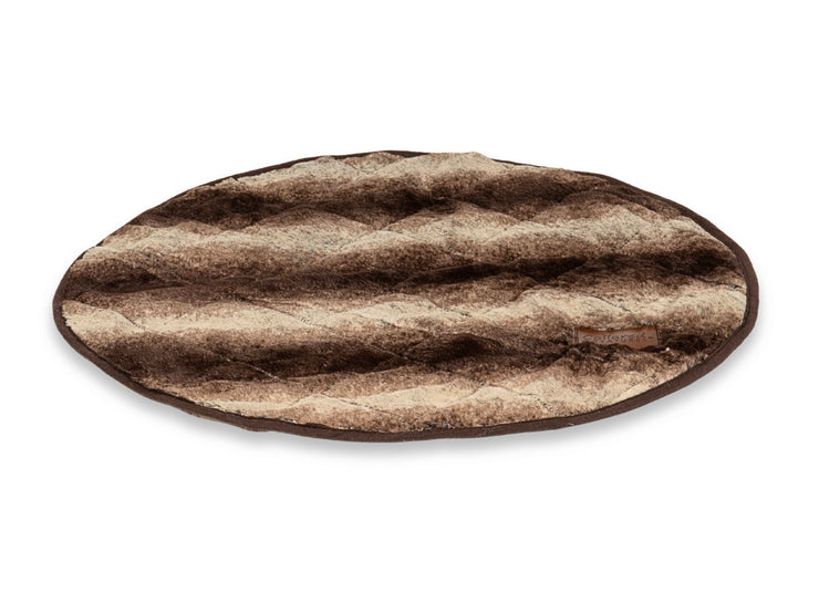 Round brown quilted dog bed blanket made to fit Collared Creatures Cave Beds