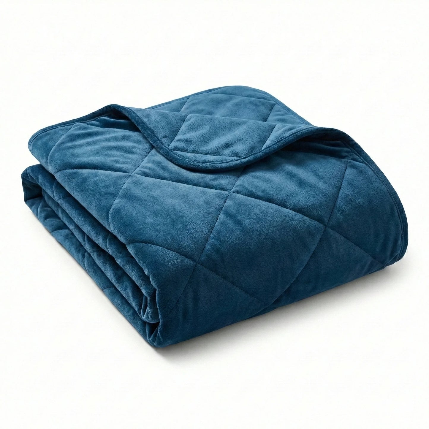 Folded blue weighted blanket on a white background