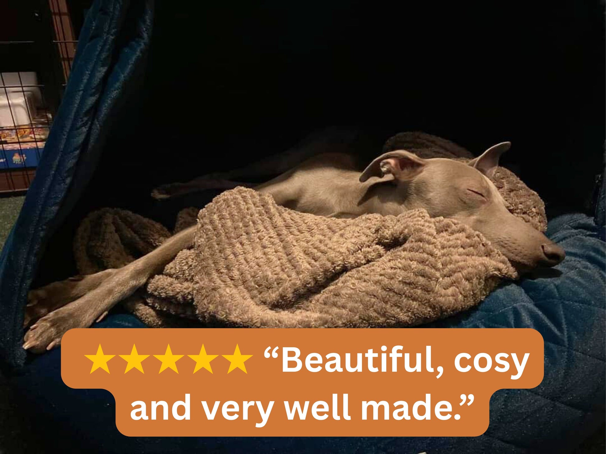 Whippet dog sleeping in sapphire blue quilted velour deluxe cocoon dog bed with blanket and review text overlay