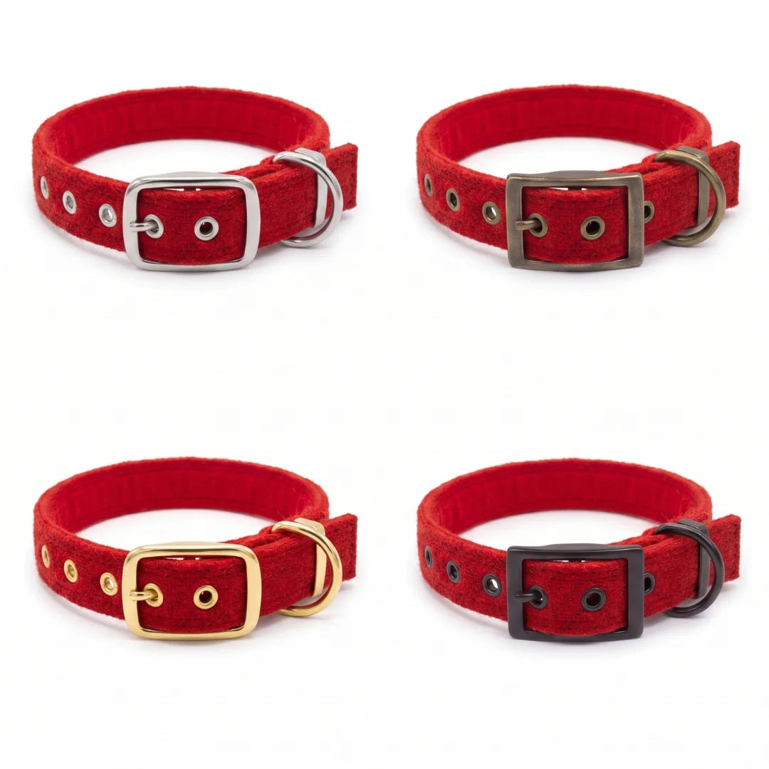 Four red tweed dog collars with different metal buckle finishes (silver, bronze, gold, and black) arranged in a 2x2 grid on a white background.