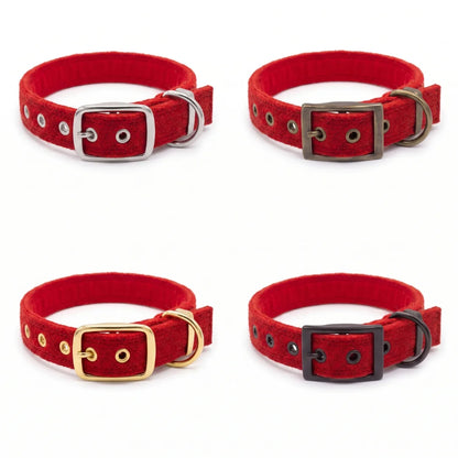 Four red tweed dog collars with different metal buckle finishes (silver, bronze, gold, and black) arranged in a 2x2 grid on a white background.
