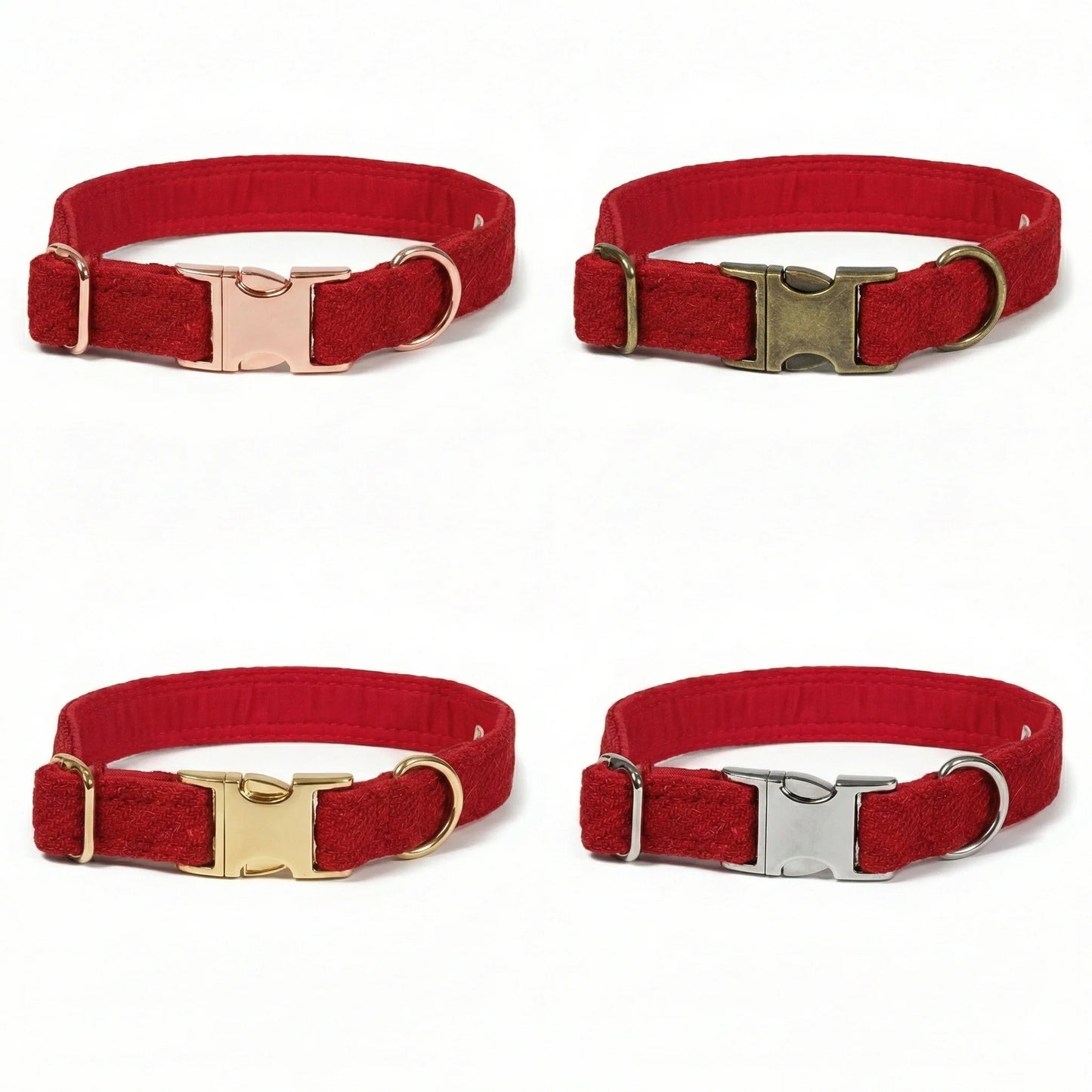 Four red dog collars with different metal buckles on a white background