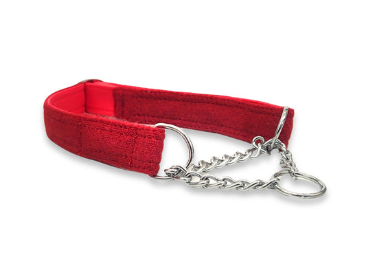 Handmade red tweed martingale dog collar with half choke design for gentle control and style