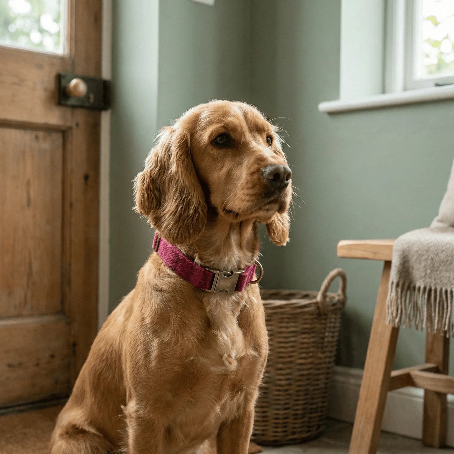 Cerise Check Harris Tweed Dog Collar - Collared Creatures LTD