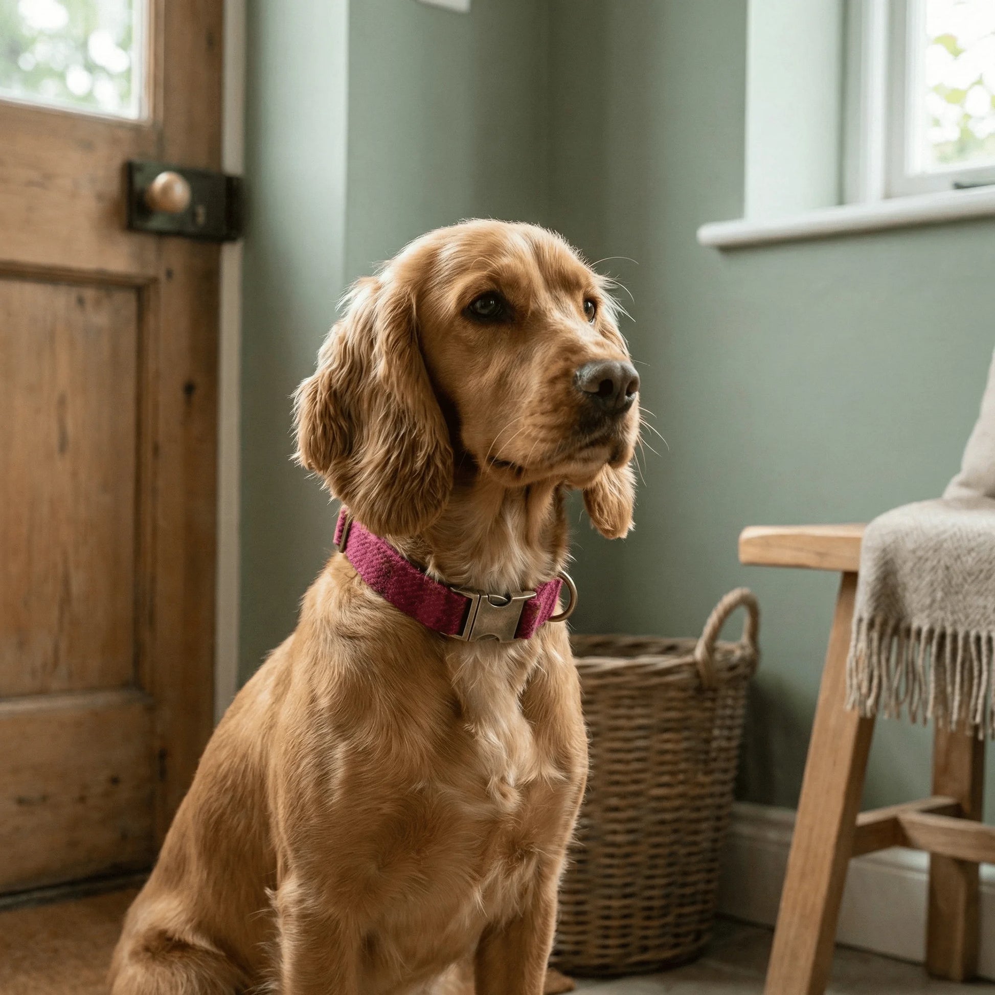 Cerise Check Harris Tweed Dog Collar - Collared Creatures LTD