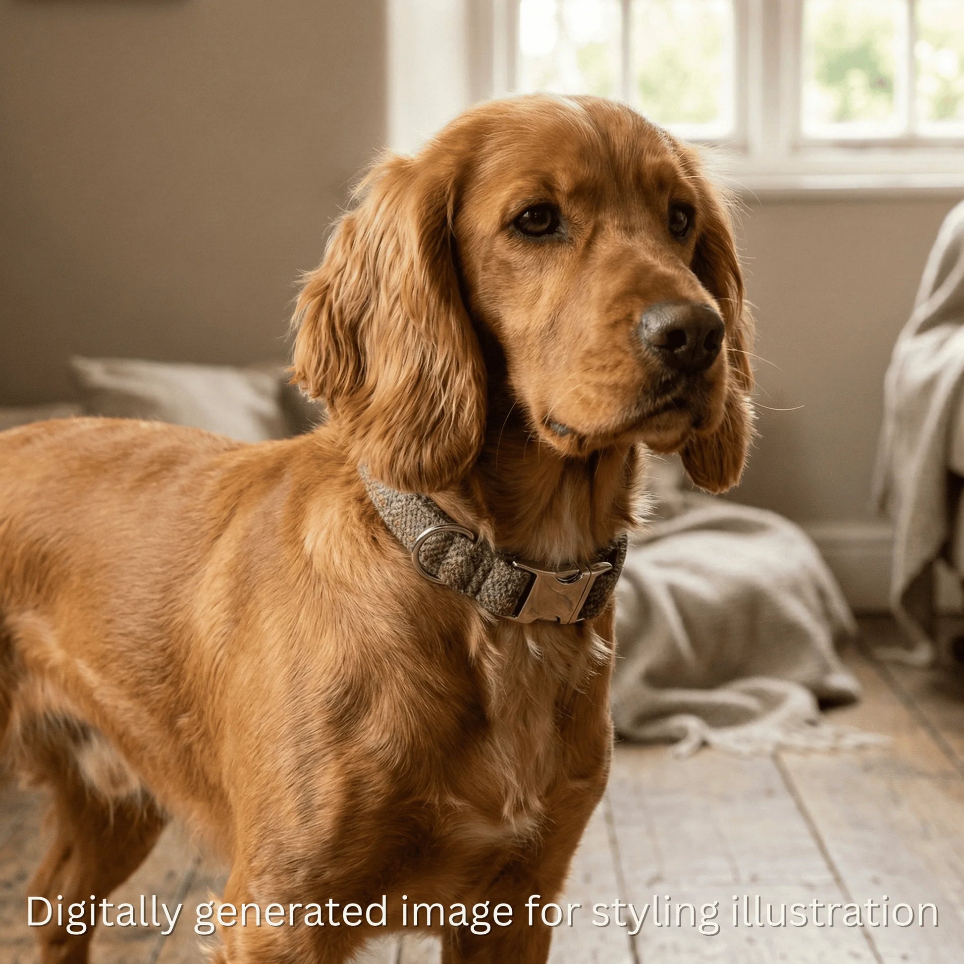 Brown dog wearing a collar indoors with a neutral background
