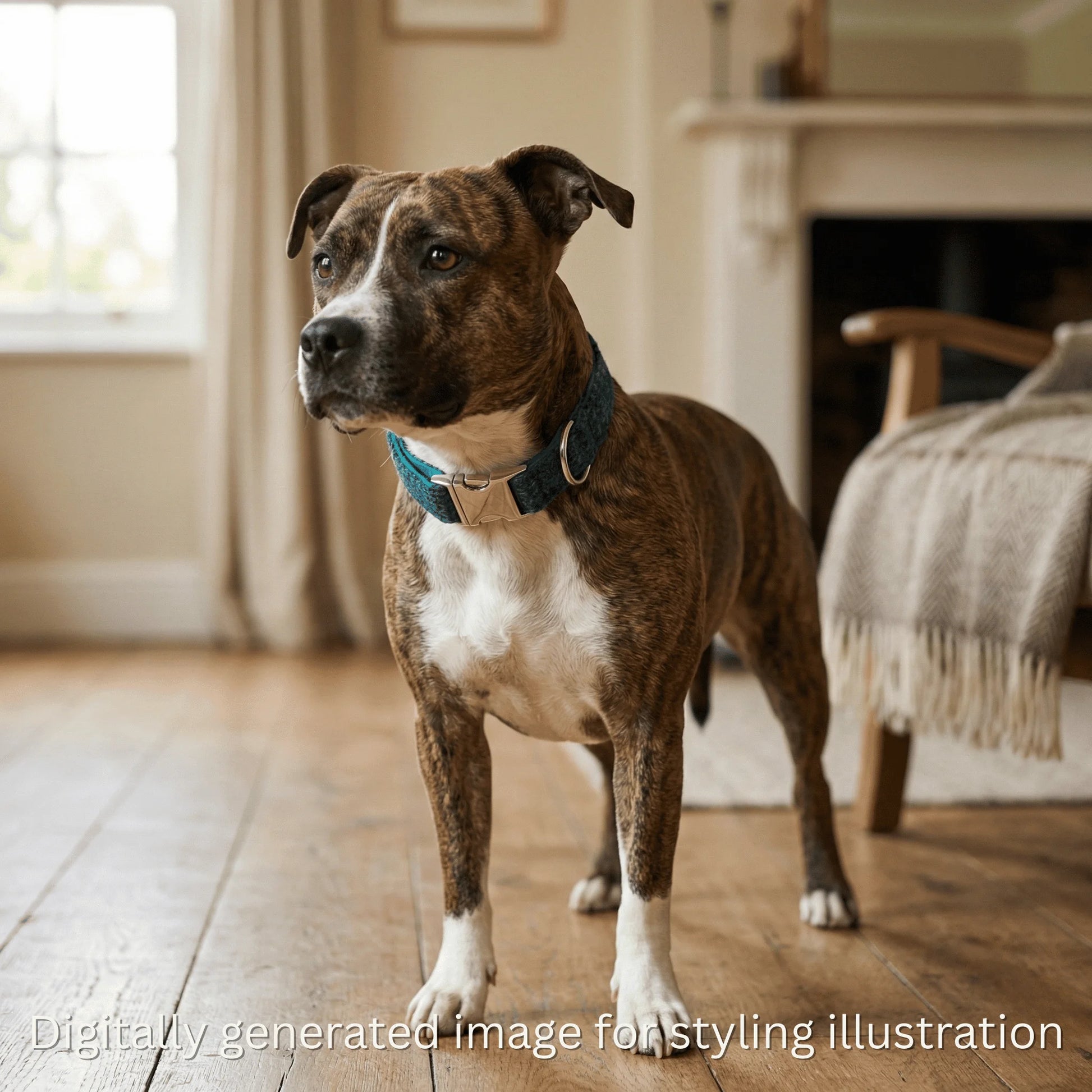 Dog standing on a wooden floor in a home setting with a fireplace and chair.