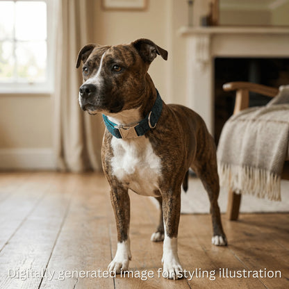 Dog standing on a wooden floor in a home setting with a fireplace and chair.