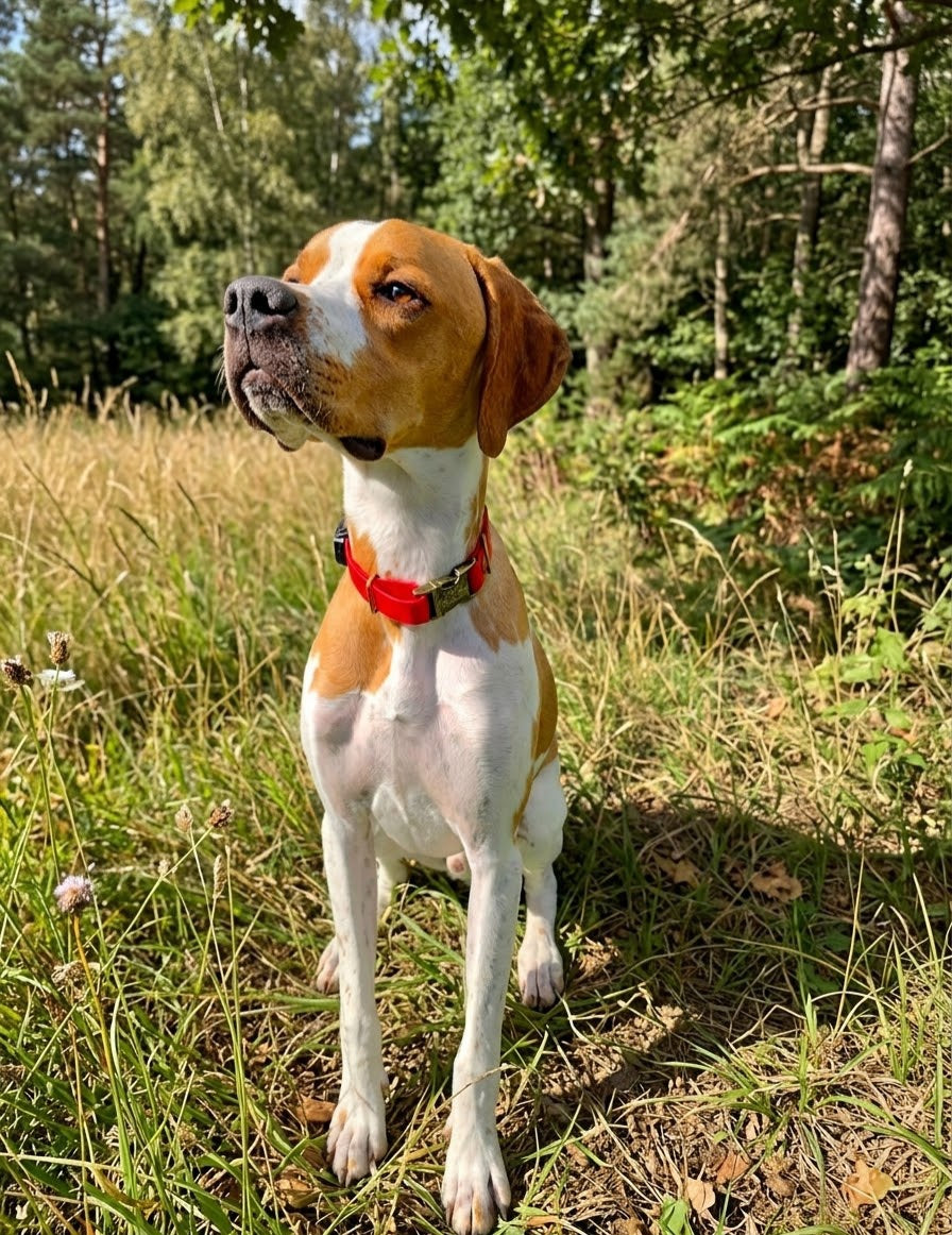 A english pointer wearing a red biothane  collar sitting in a grassy outdoor field with trees in the background.