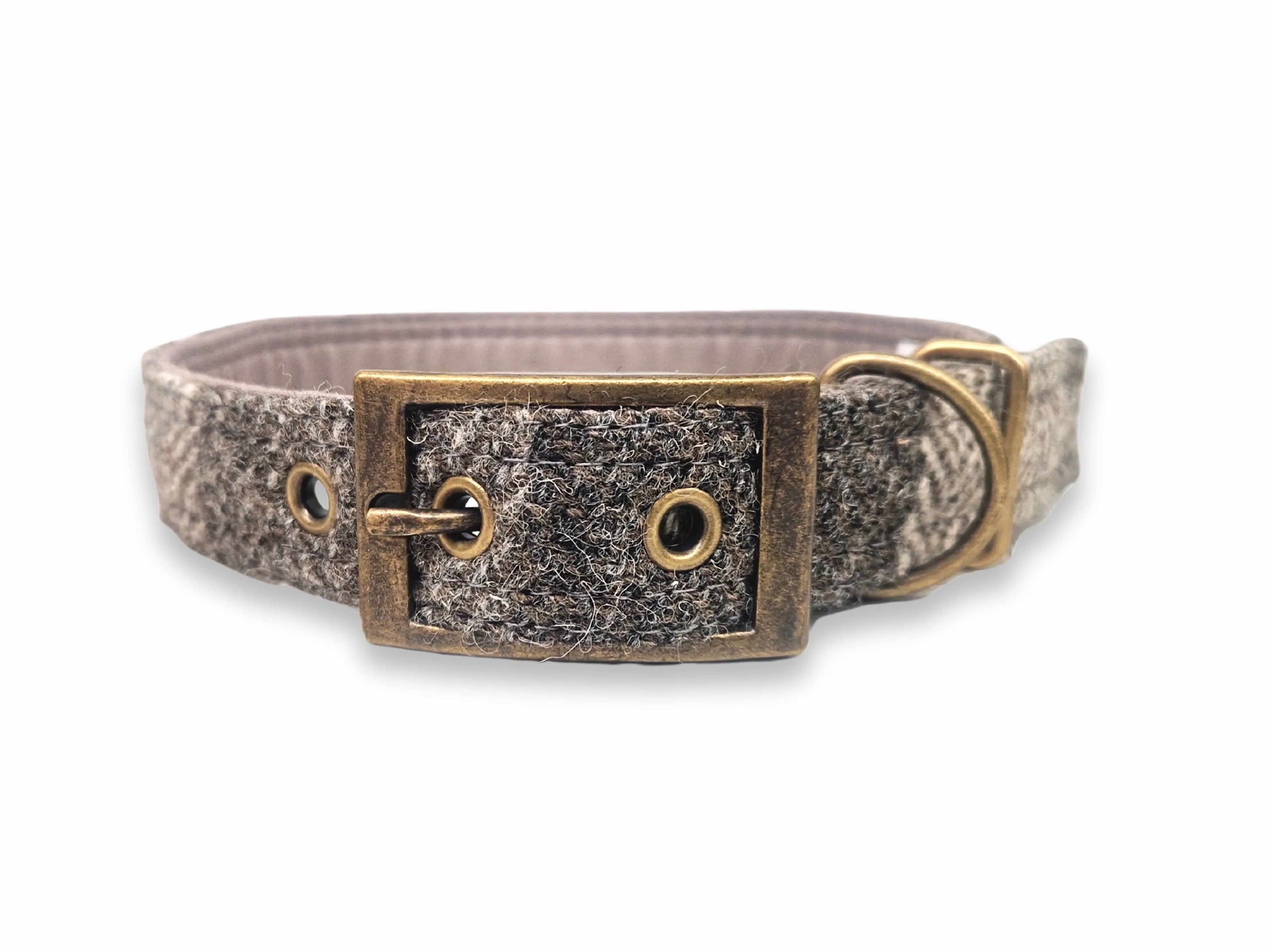 Dog collar with textured harris tweed and brass buckle on a white background