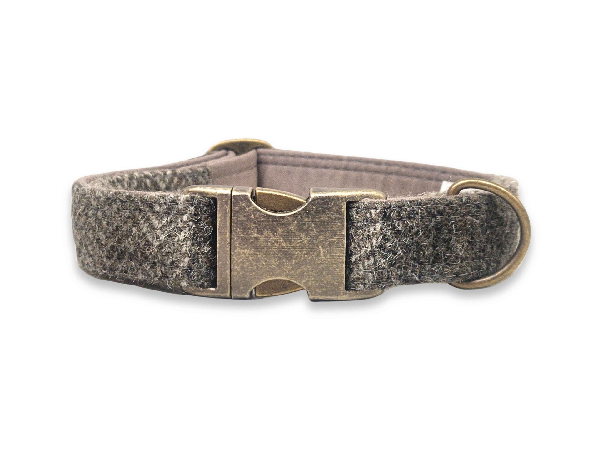 Dog collar with harris tweed fabric and brass buckle on a white background